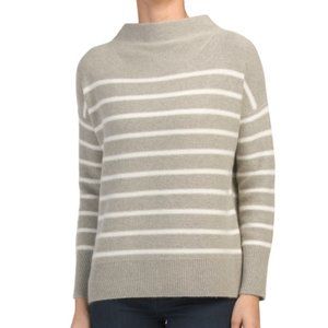 Vince Cashmere Breton Striped Funnel Neck Sweater - Grey and White (Size L)